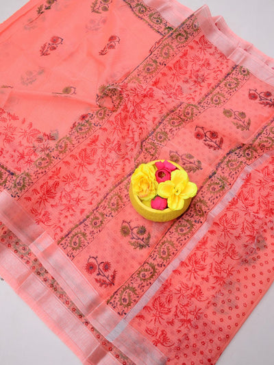 Indiehaat | Kota Doria Blockprint Saree Peach