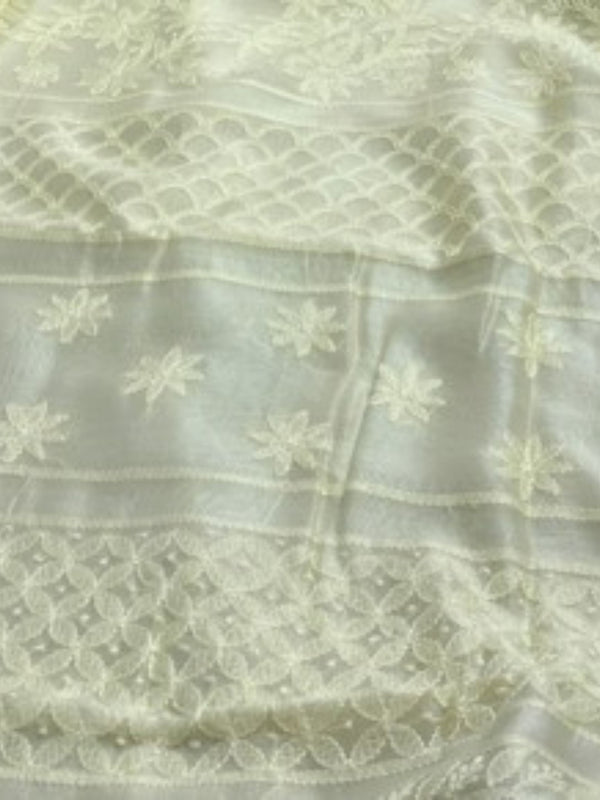 Indiehaat | Chikankari Pure Chanderi Silk Saree White
