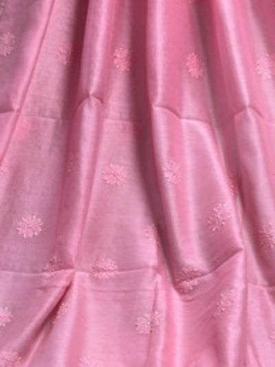 Indiehaat | Chikankari Pure Chanderi Silk Saree Pink