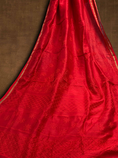 Indiehaat | Chikankari Pure Chanderi Silk Saree Red
