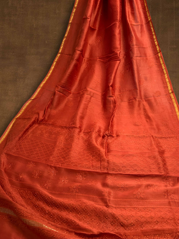 Indiehaat | Chikankari Pure Chanderi Silk Saree Orange