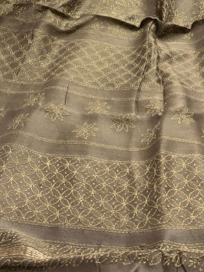 Indiehaat | Chikankari Pure Chanderi Silk Saree Brown