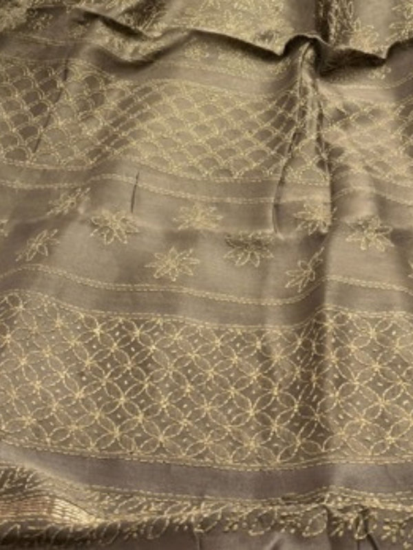 Indiehaat | Chikankari Pure Chanderi Silk Saree Brown
