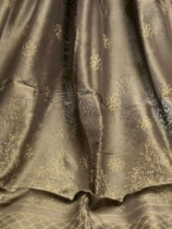 Indiehaat | Chikankari Pure Chanderi Silk Saree Brown
