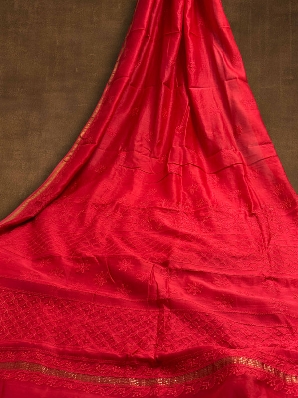 Indiehaat | Chikankari Pure Chanderi Silk Saree Red