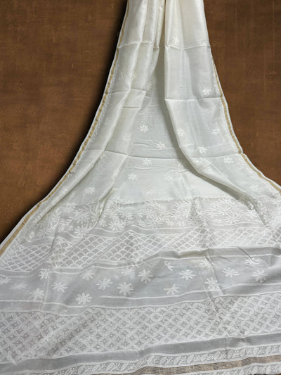 Indiehaat | Chikankari Pure Chanderi Silk Saree White