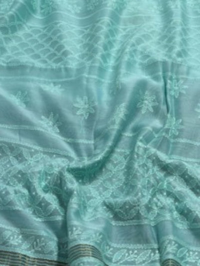 Indiehaat | Chikankari Pure Chanderi Silk Saree Green