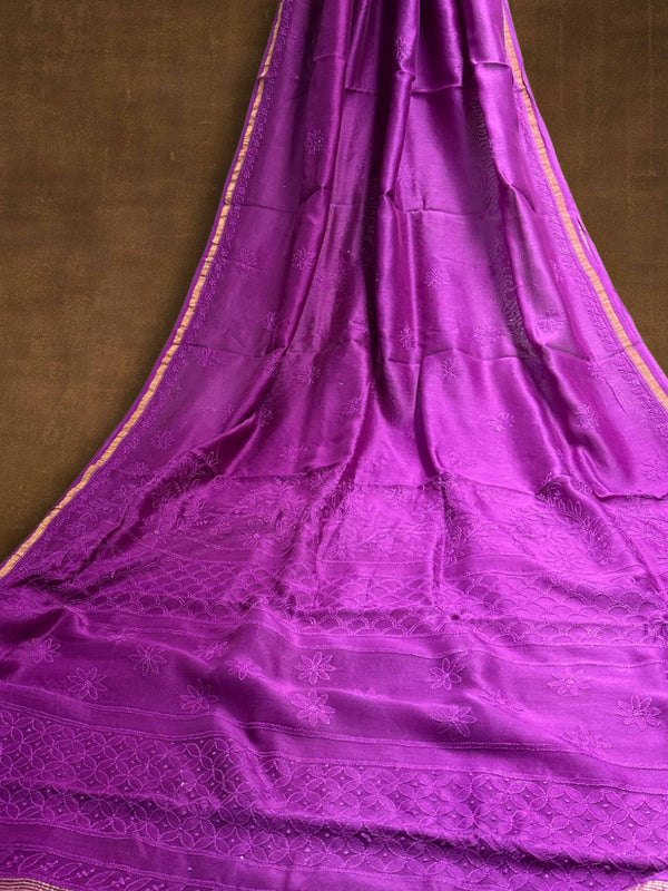Indiehaat | Chikankari Pure Chanderi Silk Saree Purple