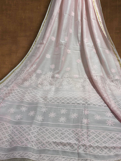 Indiehaat | Chikankari Pure Chanderi Silk Saree Pink