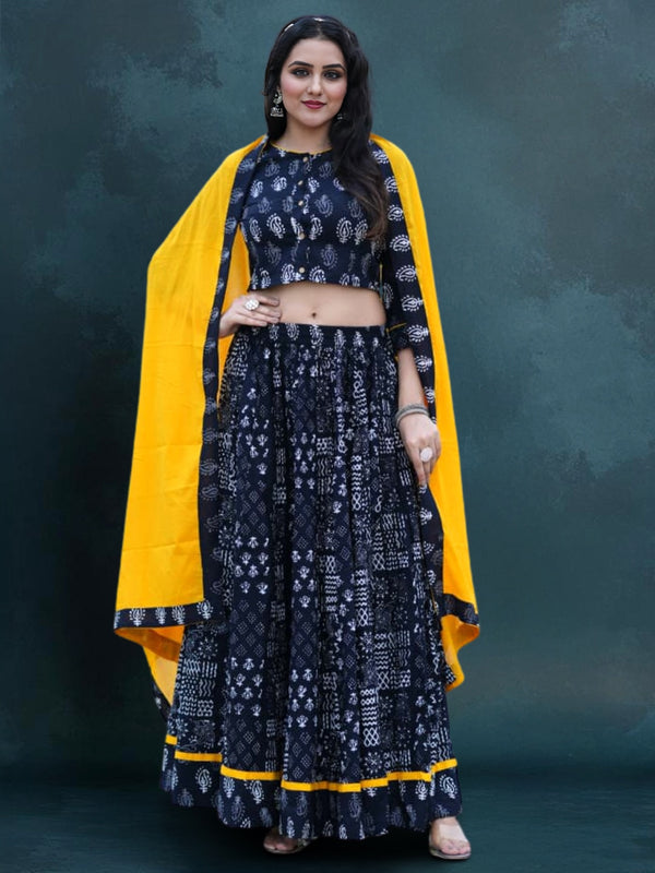 Indiehaat | Blockprinted Cotton Lehanga Choli Black