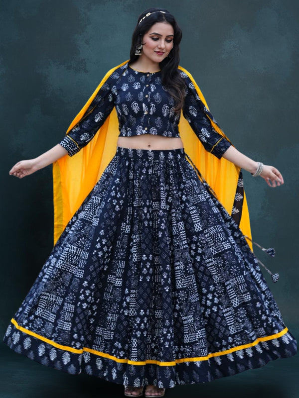 Indiehaat | Blockprinted Cotton Lehanga Choli Black