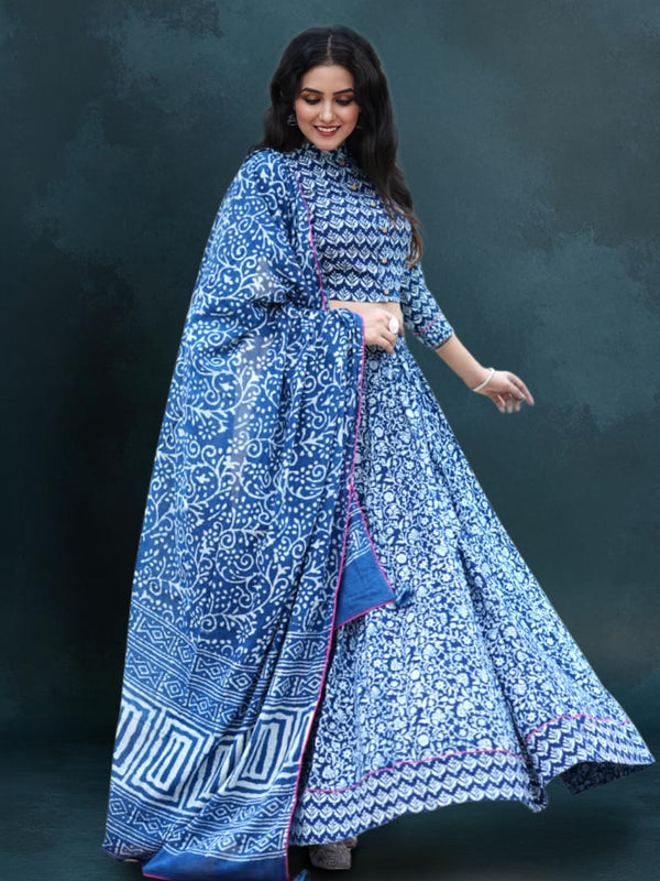 Indiehaat | Blockprinted Cotton Lehanga Choli Blue