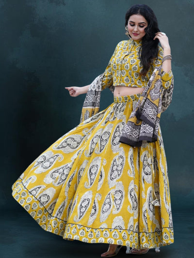 Indiehaat | Blockprinted Cotton Lehanga Choli Yellow