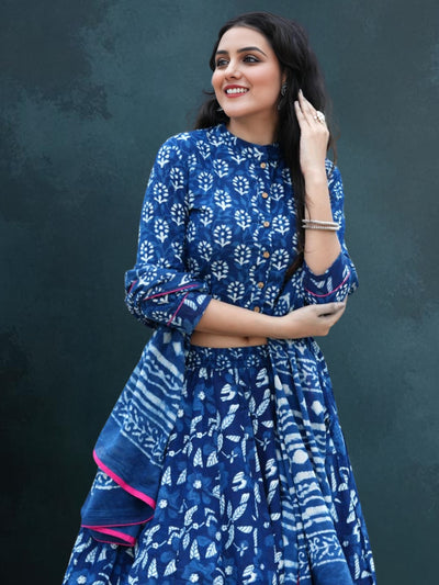 Indiehaat | Blockprinted Cotton Lehanga Choli Blue