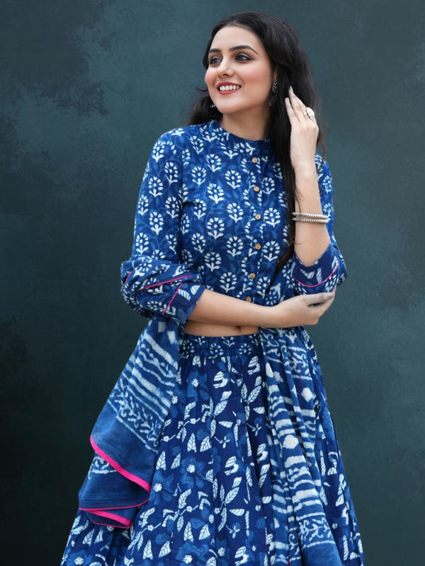 Indiehaat | Blockprinted Cotton Lehanga Choli Blue