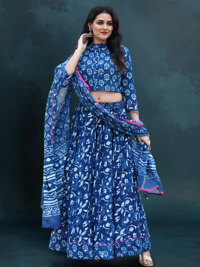 Indiehaat | Blockprinted Cotton Lehanga Choli Blue