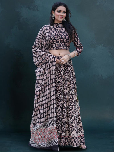 Indiehaat | Blockprinted Cotton Lehanga Choli Black