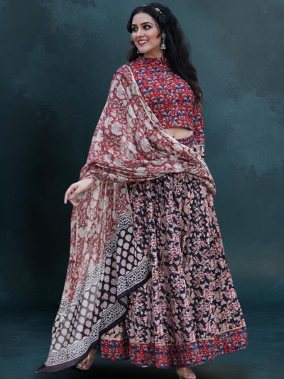 Indiehaat | Blockprinted Cotton Lehanga Choli Red & Black