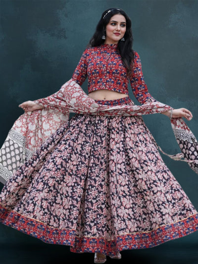 Indiehaat | Blockprinted Cotton Lehanga Choli Red & Black