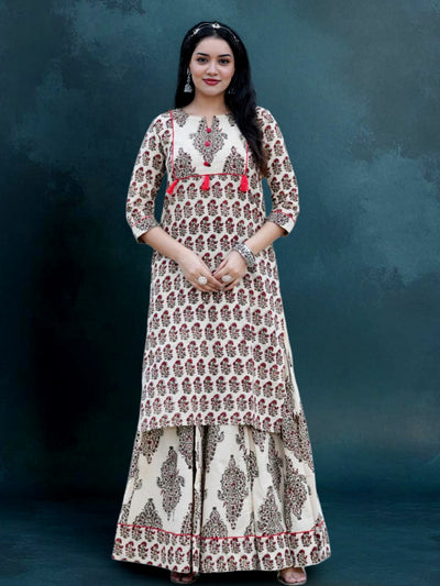 Indiehaat | Blockprint Cotton Long Kurta & Skirt Beige
