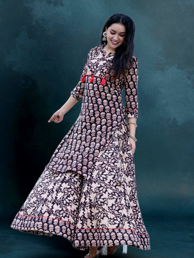 Indiehaat | Blockprint Cotton Long Kurta & Skirt Black