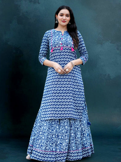 Indiehaat | Blockprint Cotton Long Kurta & Skirt Blue