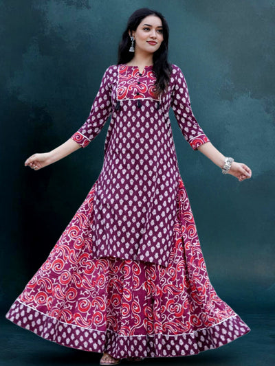 Indiehaat | Blockprint Cotton Long Kurta & Skirt Purple