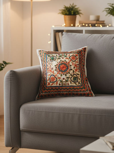 Indiehaat | Pure Cotton Multicolor Embroidered Cushion Cover