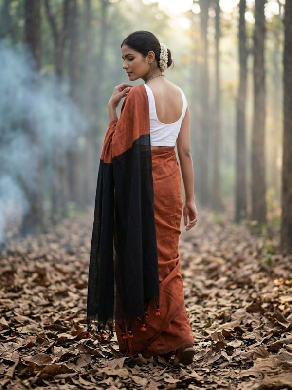 Indiehaat | Hand Dyed Khadi Cotton Saree Orange
