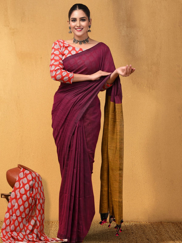 Indiehaat | Hand Dyed Khadi Cotton Saree Red