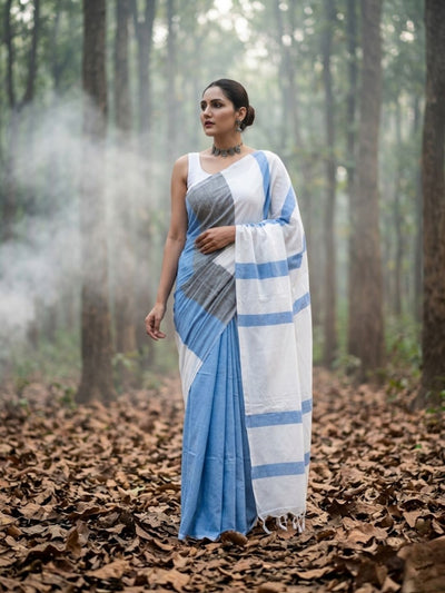 Indiehaat | Hand Dyed Khadi Cotton Saree White & Blue