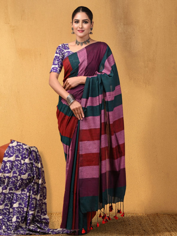 Indiehaat | Hand Dyed Khadi Cotton Saree Multicolor