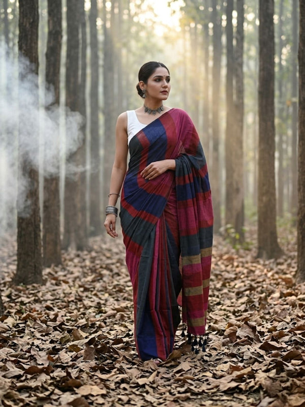 Indiehaat | Hand Dyed Khadi Cotton Saree Multicolor