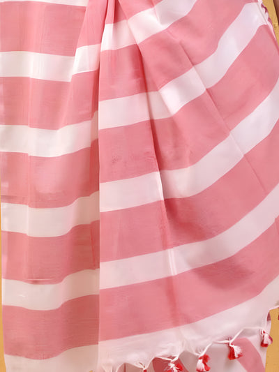 Indiehaat | Hand Dyed Khadi Cotton Saree Pink & White
