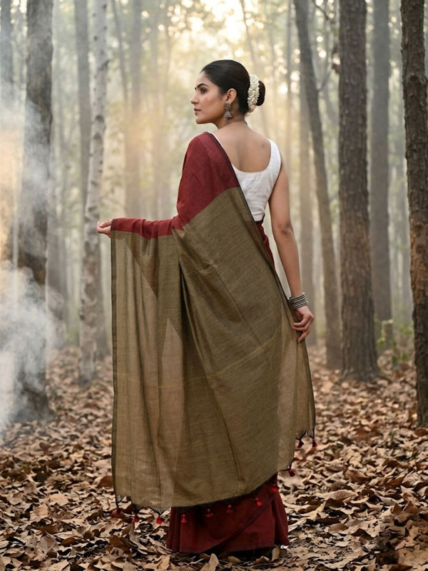 Indiehaat | Hand Dyed Khadi Cotton Saree Red