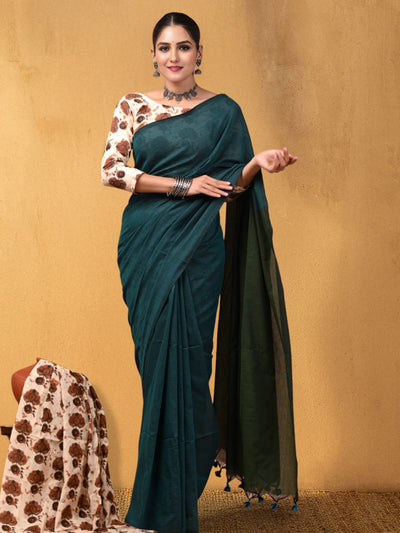 Indiehaat | Hand Dyed Khadi Cotton Saree Green