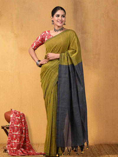 Indiehaat | Hand Dyed Khadi Cotton Saree Green