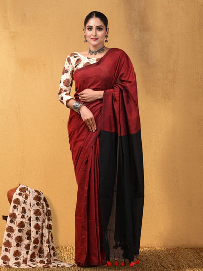 Indiehaat | Hand Dyed Khadi Cotton Saree Red