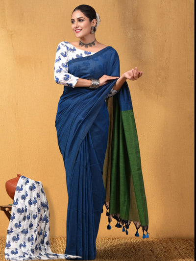 Indiehaat | Hand Dyed Khadi Cotton Saree Blue