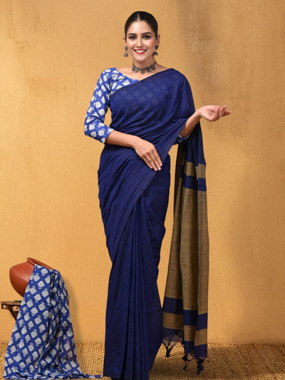 Indiehaat | Hand Dyed Khadi Cotton Saree Blue