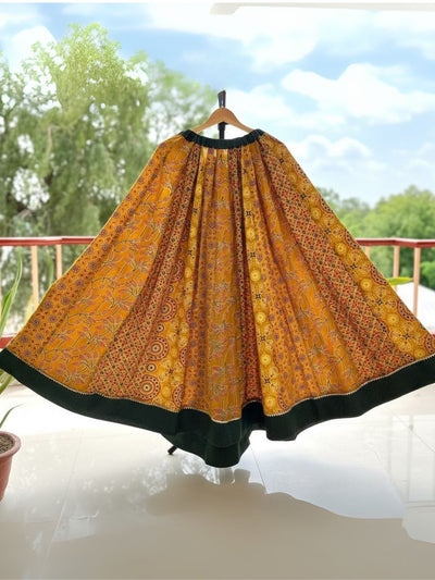 Indiehaat | Ajrakh Print Cotton Lehanga Skirt Yellow