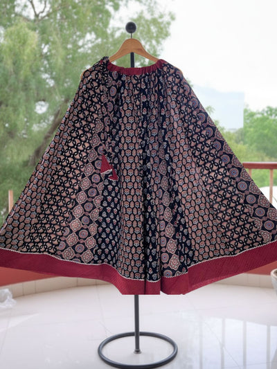 Indiehaat | Ajrakh Print Cotton Lehanga Skirt Black