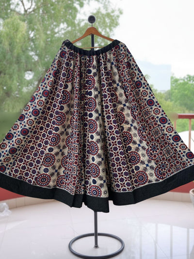Indiehaat | Ajrakh Print Cotton Lehanga Skirt Beige