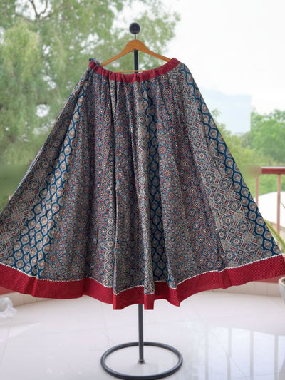 Indiehaat | Ajrakh Print Cotton Lehanga Skirt Blue