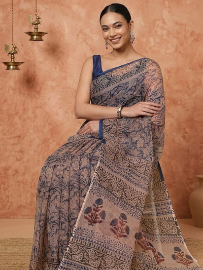 Indiehaat | Kota Doria Hand Block Print Multicolor Saree