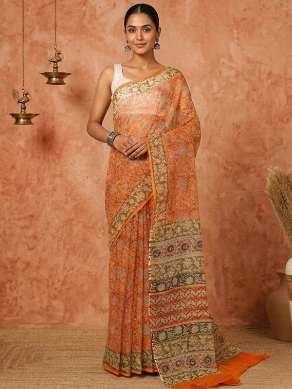 Indiehaat | Kota Doria Hand Block Print Multicolor Saree