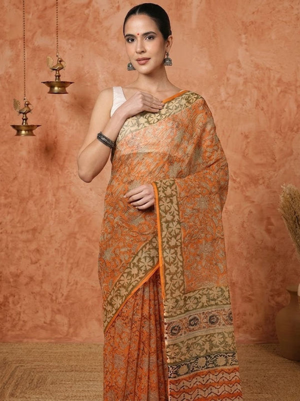 Indiehaat | Kota Doria Hand Block Print Multicolor Saree