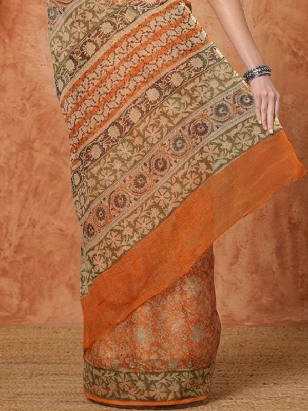 Indiehaat | Kota Doria Hand Block Print Multicolor Saree