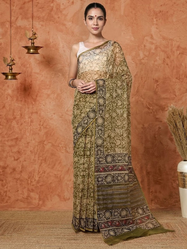 Indiehaat | Kota Doria Hand Block Print Multicolor Saree