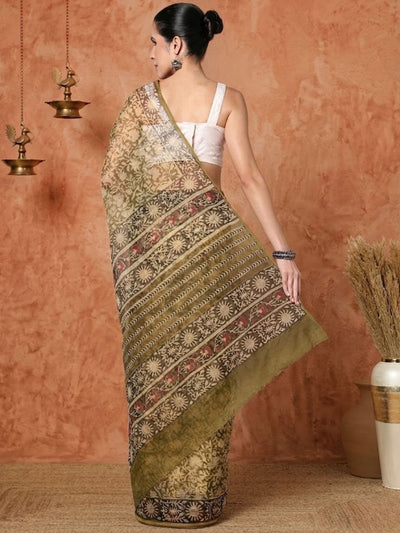 Indiehaat | Kota Doria Hand Block Print Multicolor Saree